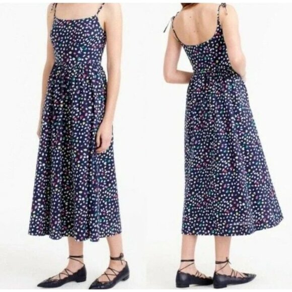 J.Crew Dot Print Cotton Midi Sun Dress 00 Tie Straps Navy Ratti Happy Cat F1960 - Picture 4 of 9